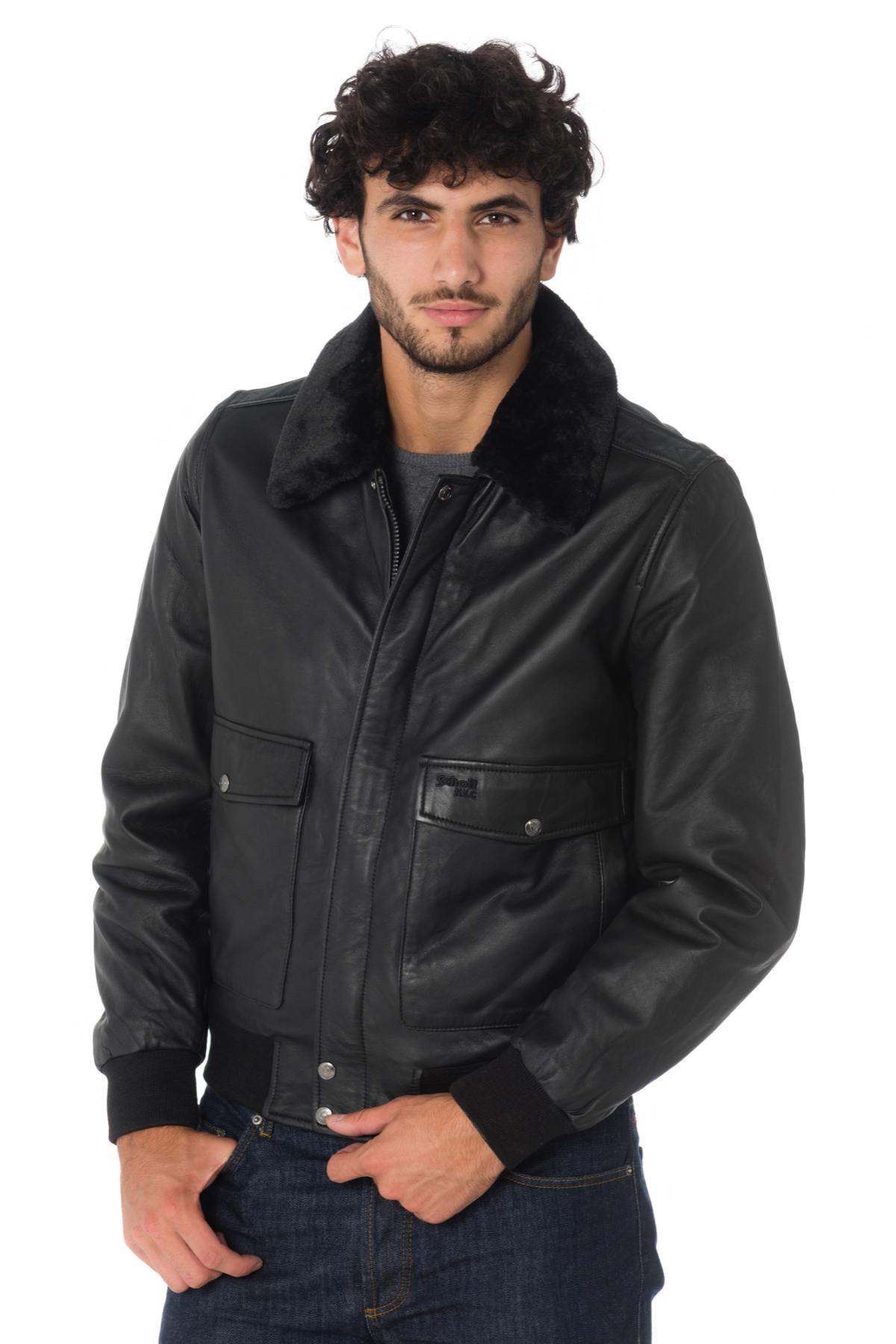 Black lambskin aviator jacket by Schott. Detachable vegan fur collar. - Image n°8