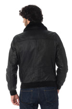 Black lambskin aviator jacket by Schott. Detachable vegan fur collar. - Image n°10
