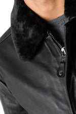 Black lambskin aviator jacket by Schott. Detachable vegan fur collar. - Image n°7