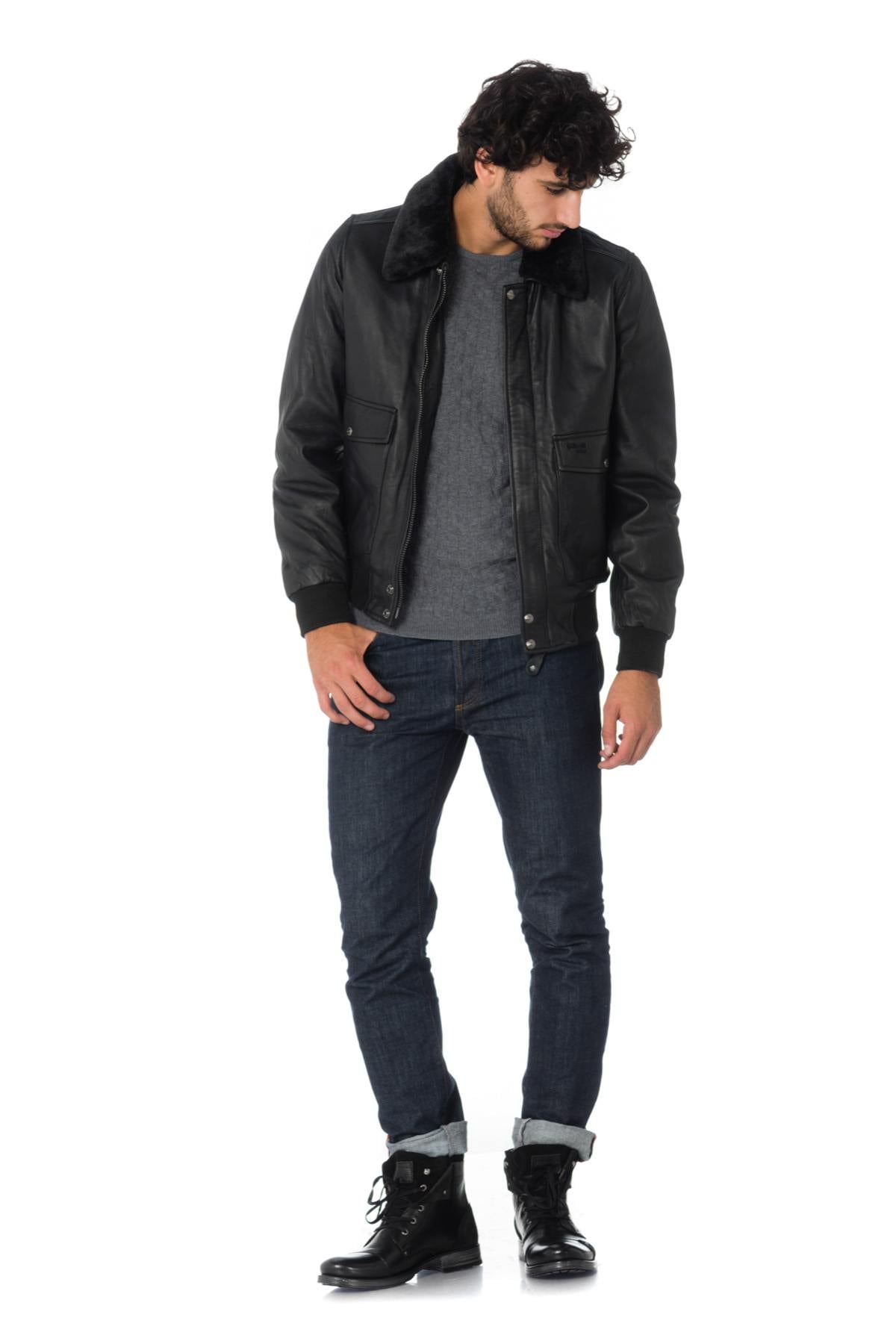 Black lambskin aviator jacket by Schott. Detachable vegan fur collar. - Image n°5