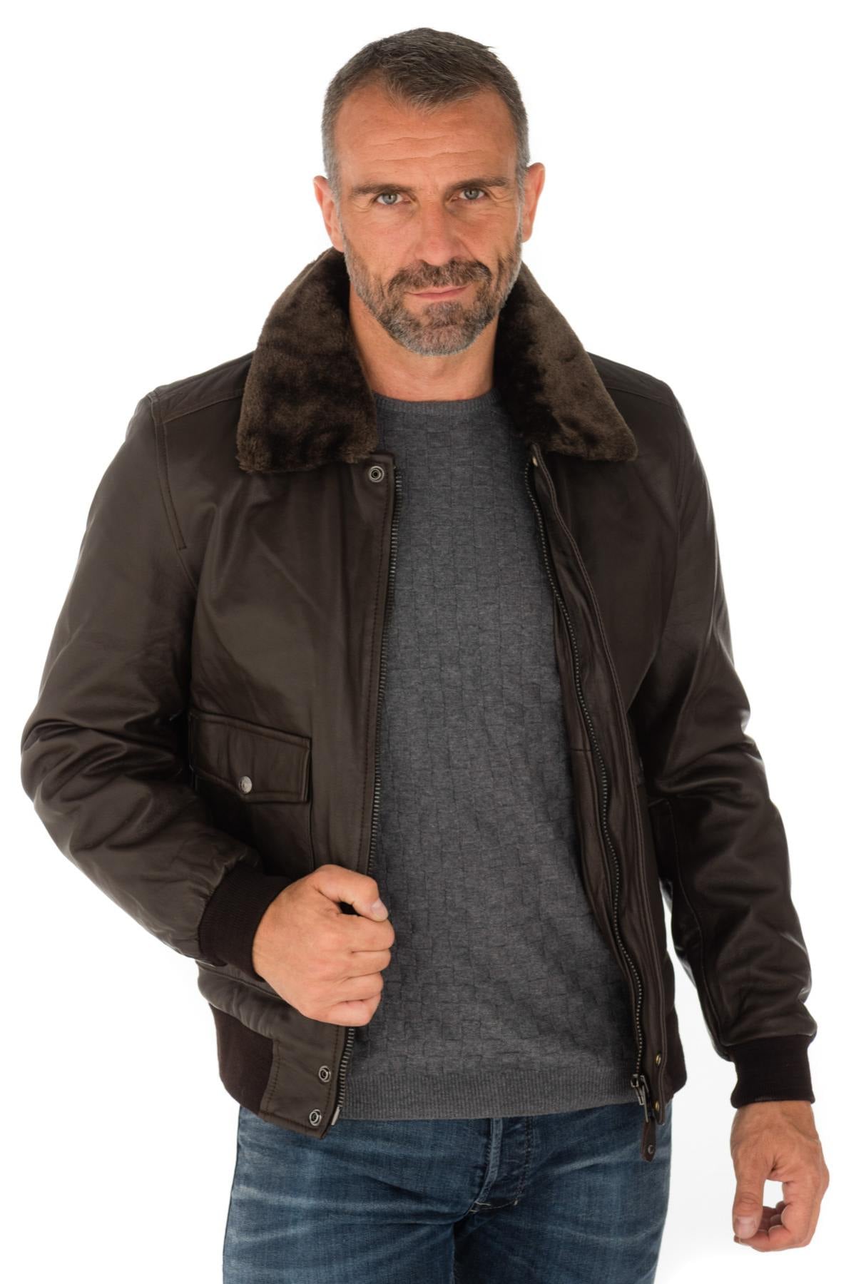 Lambskin aviator jacket by Schott. Slim fit with removable collar. - Image n°7