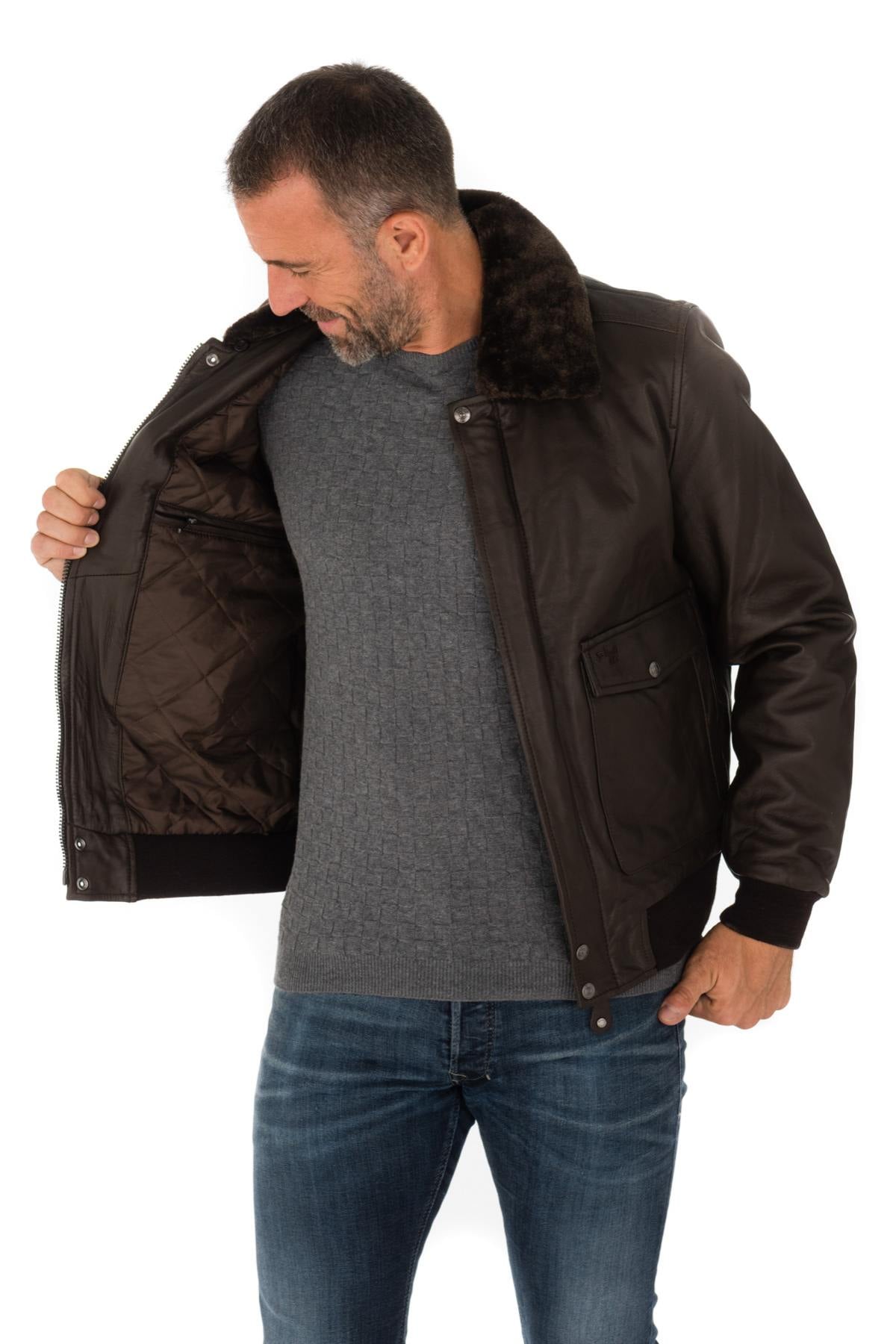 Lambskin aviator jacket by Schott. Slim fit with removable collar. - Image n°13