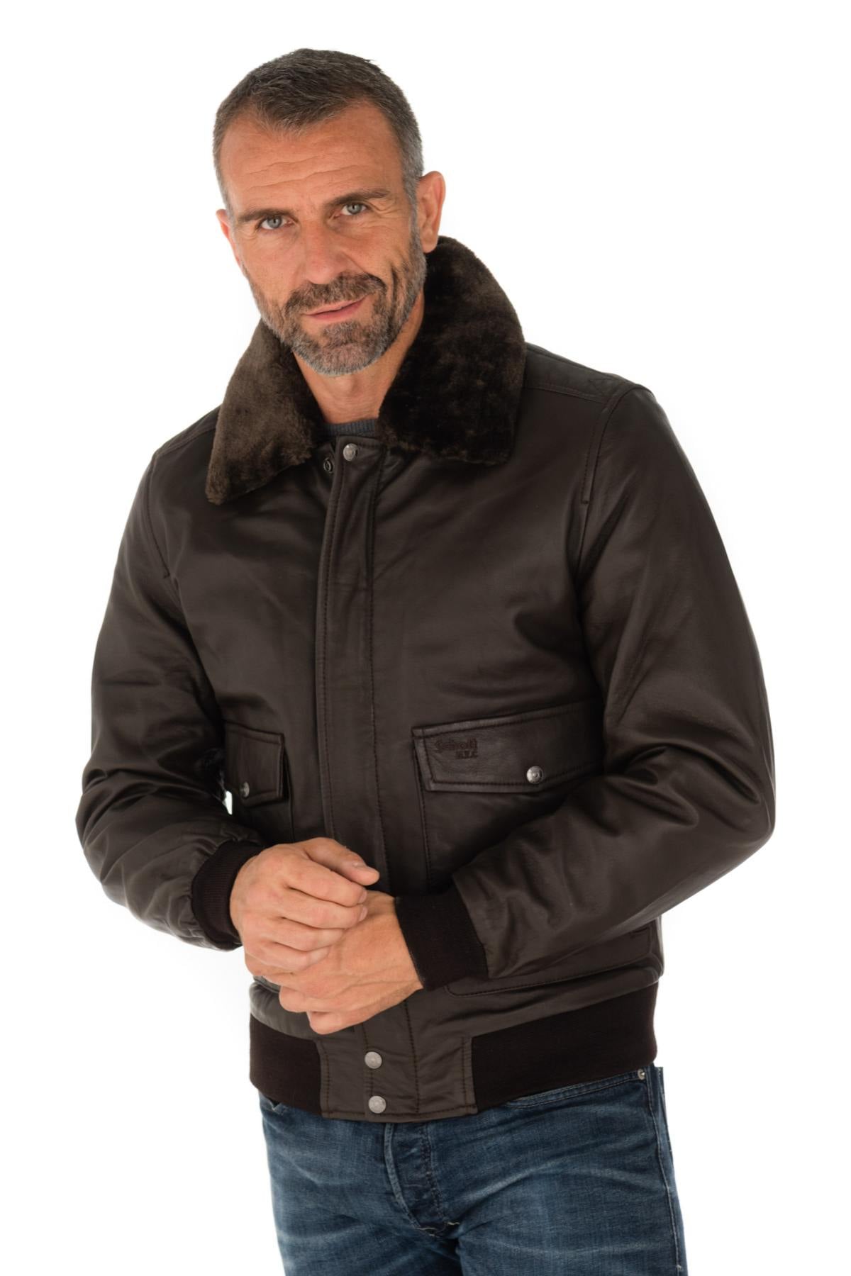 Lambskin aviator jacket by Schott. Slim fit with removable collar. - Image n°10