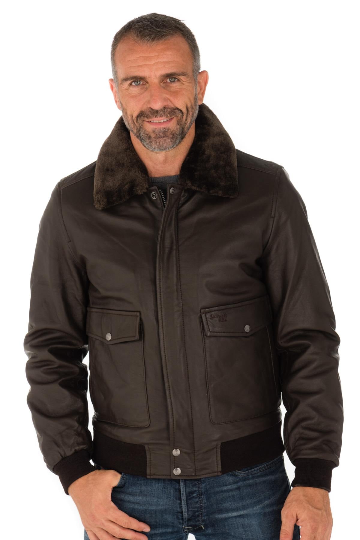 Lambskin aviator jacket by Schott. Slim fit with removable collar. - Image n°4