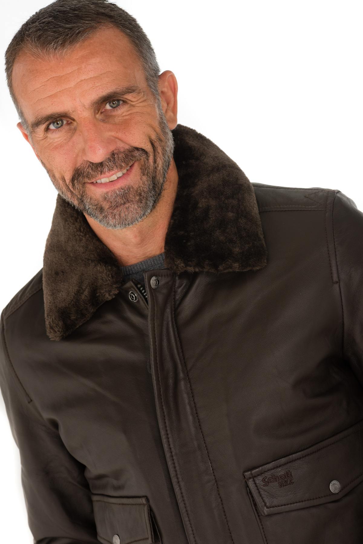 Lambskin aviator jacket by Schott. Slim fit with removable collar. - Image n°9
