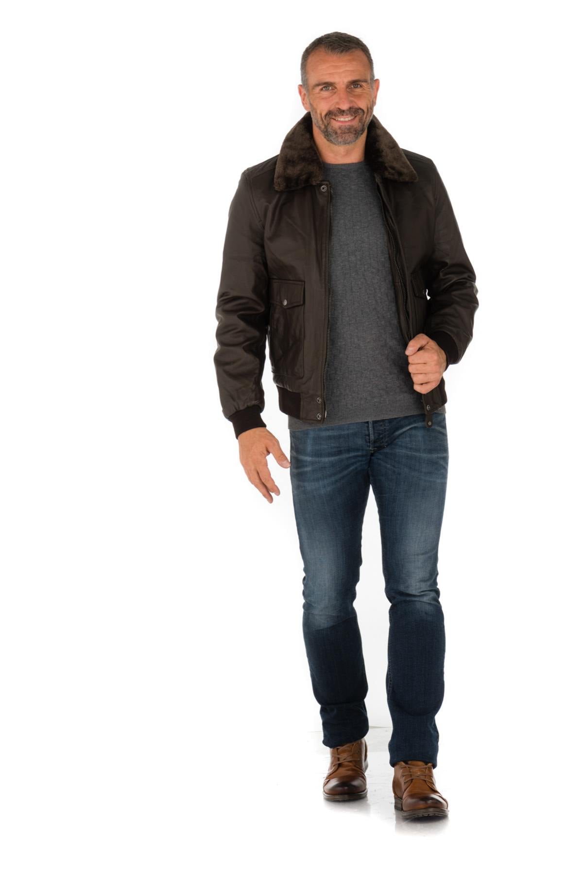 Lambskin aviator jacket by Schott. Slim fit with removable collar. - Image n°6