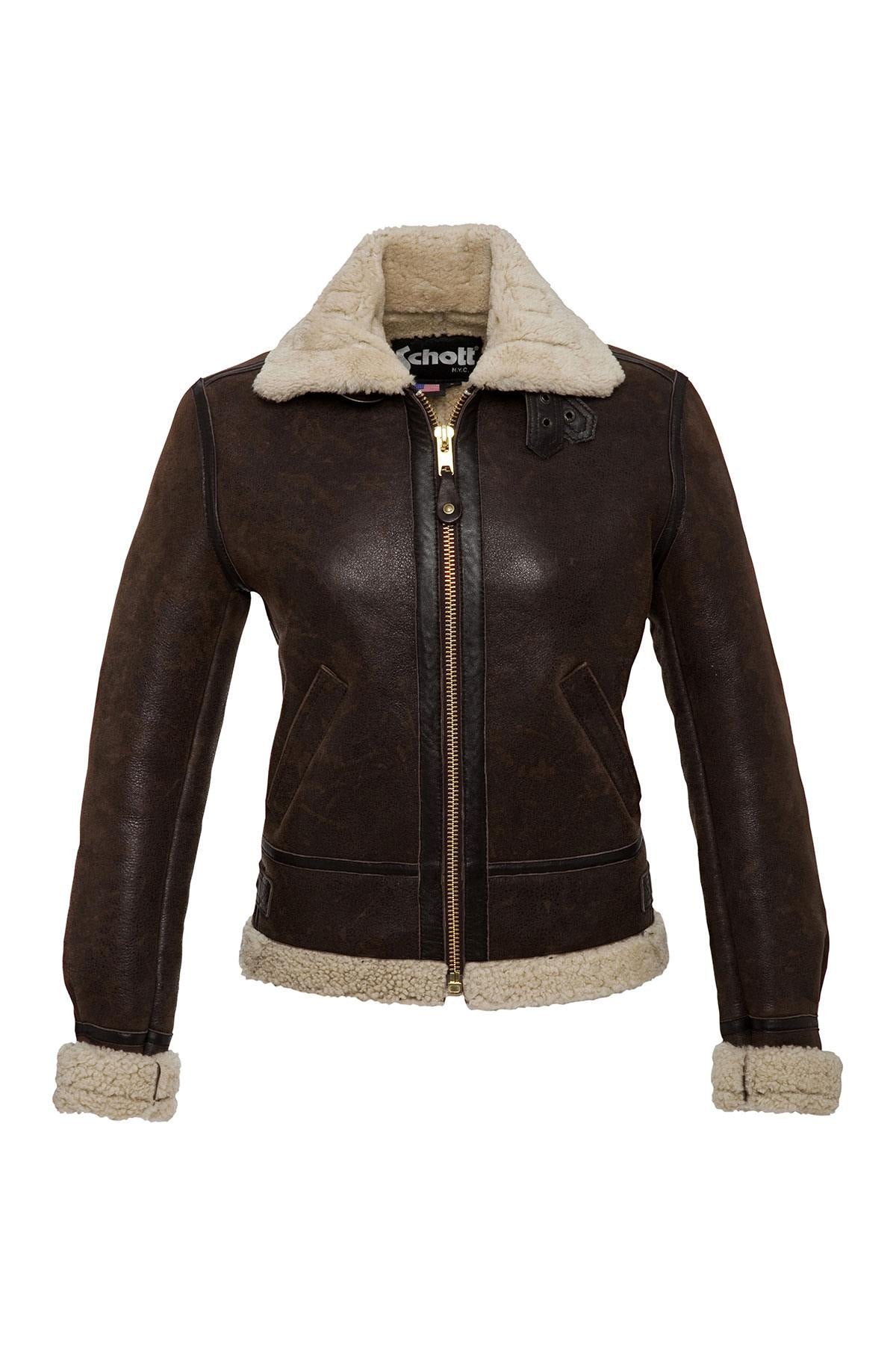 Dark brown sheepskin bomber by Schott, lined with wool for winter. - Image n°8