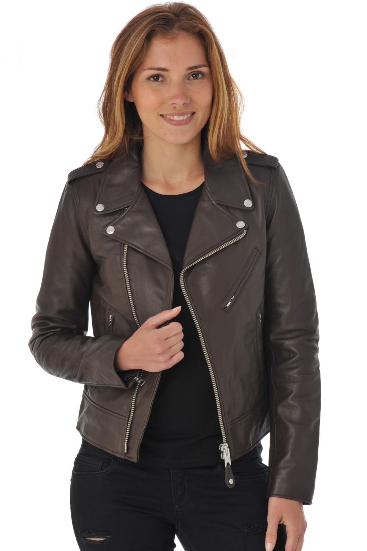 Schott's plum Perfecto® in soft lambskin, slim and lightweight. - Image n°1