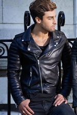 Black lambskin biker jacket with quilted shoulders and asymmetric zip. - Image n°5