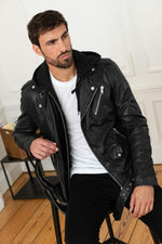 Serge Pariente's black lambskin jacket zip-off hood for rock and sport - Image n°1