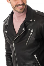 Slim black sheep leather biker jacket with an iconic asymmetrical zip. - Image n°6