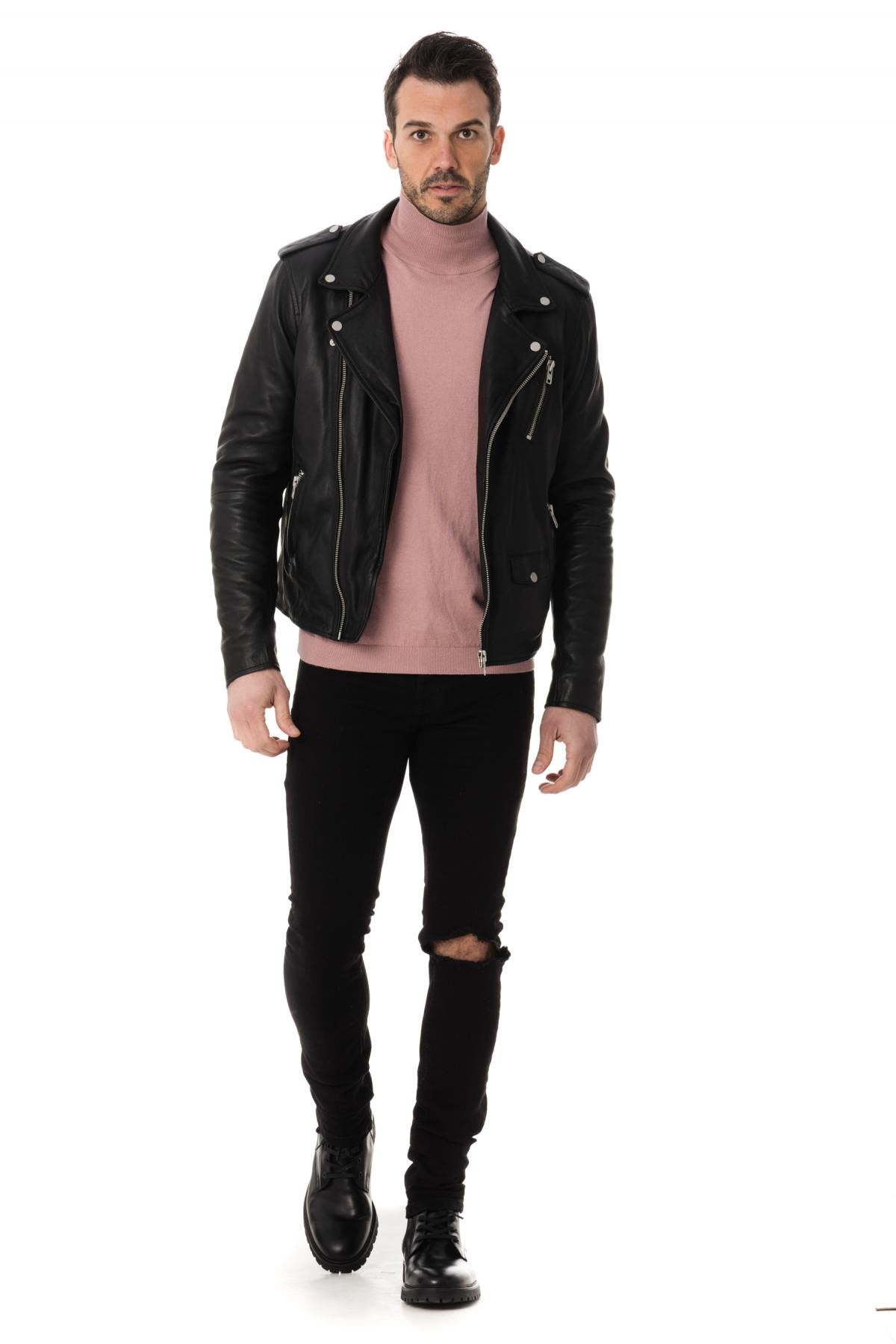 Slim black sheep leather biker jacket with an iconic asymmetrical zip. - Image n°2