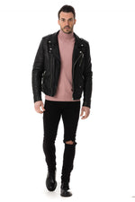 Slim black sheep leather biker jacket with an iconic asymmetrical zip. - Image n°2
