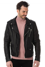 Slim black sheep leather biker jacket with an iconic asymmetrical zip. - Image n°1