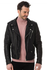 Slim black sheep leather biker jacket with an iconic asymmetrical zip. - Image n°1