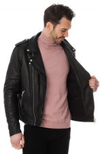 Slim black sheep leather biker jacket with an iconic asymmetrical zip. - Image n°4