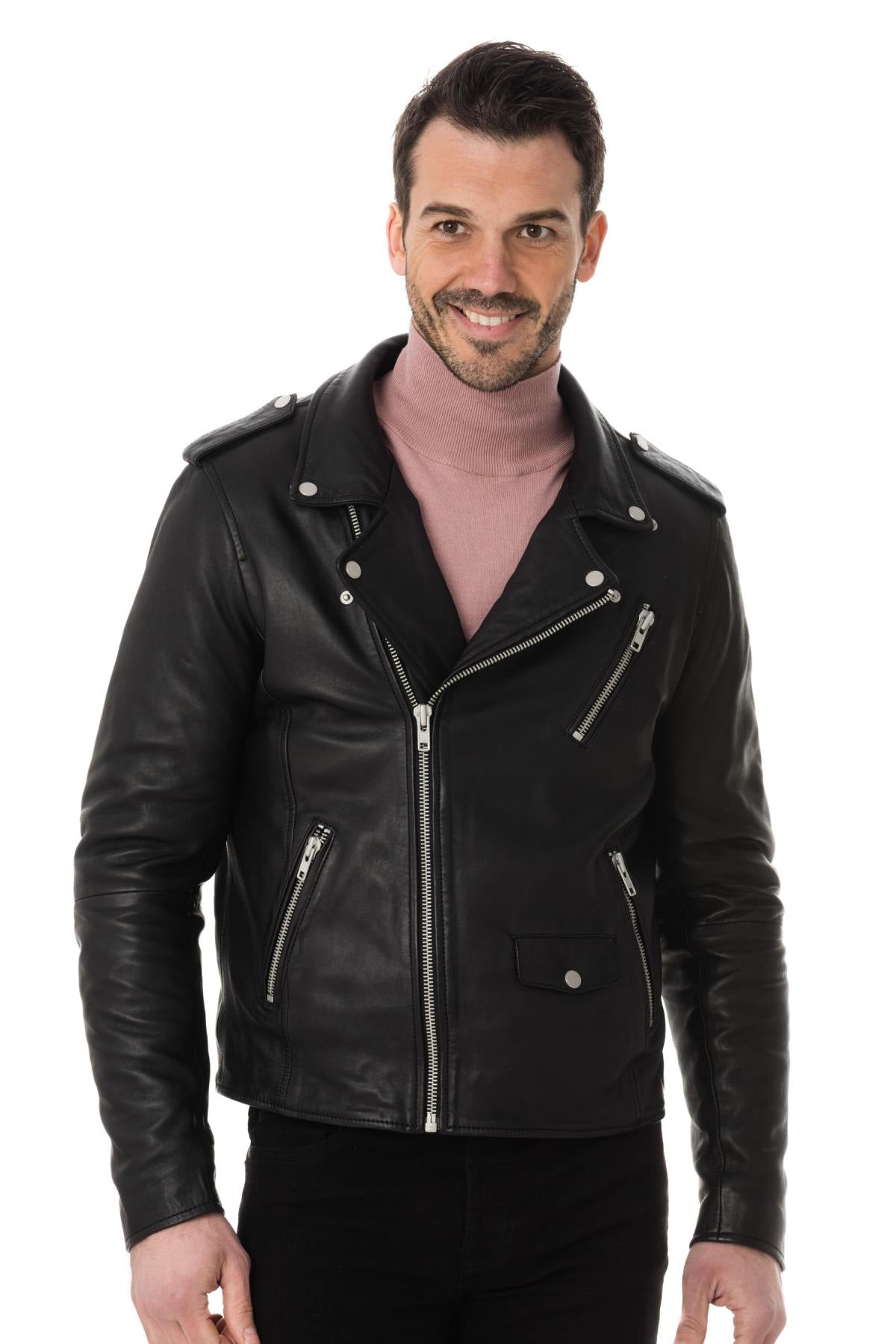 Slim black sheep leather biker jacket with an iconic asymmetrical zip. - Image n°3