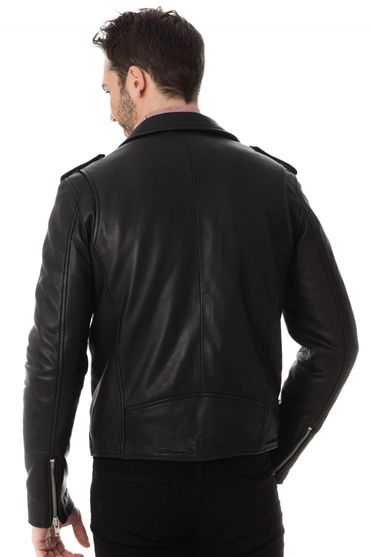 Slim black sheep leather biker jacket with an iconic asymmetrical zip. - Image n°5