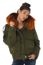Women’s Khaki Jacket with Hood and Orange Fur - Image n°3