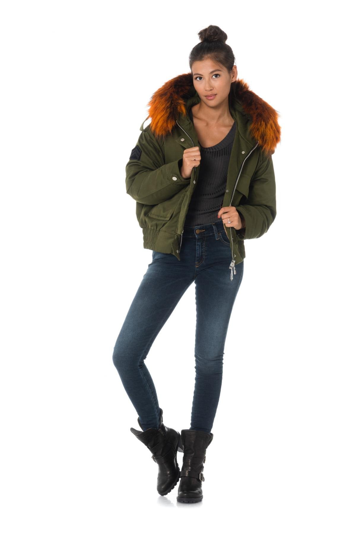 Women’s Khaki Jacket with Hood and Orange Fur - Image n°2