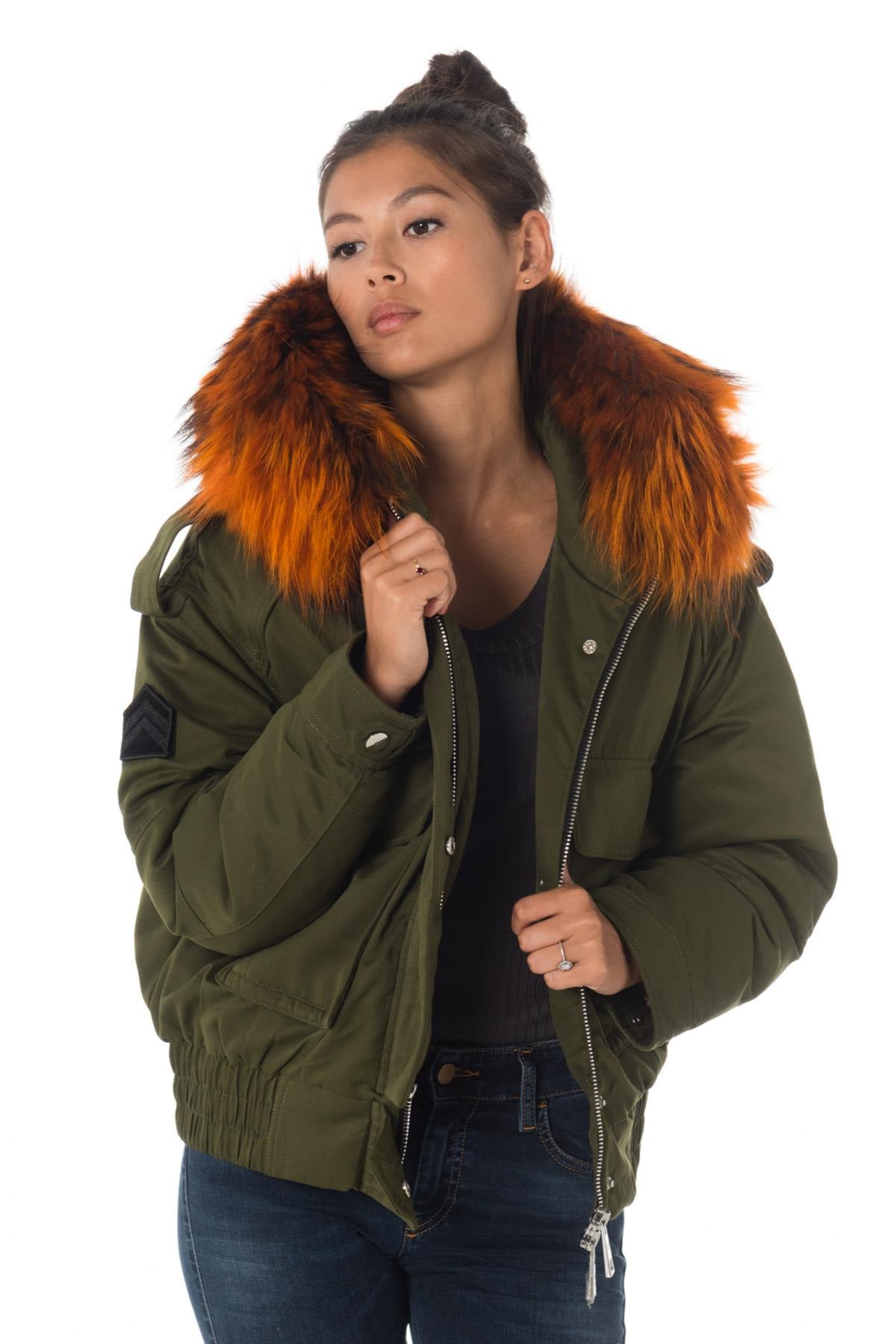 Women’s Khaki Jacket with Hood and Orange Fur - Image n°1