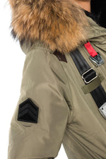 Khaki polyester jacket with natural raccoon fur - Image n°7
