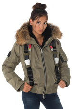 Khaki polyester jacket with natural raccoon fur - Image n°1