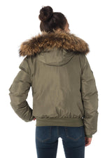 Khaki polyester jacket with natural raccoon fur - Image n°5