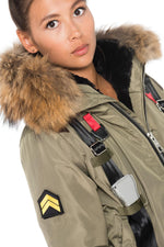 Khaki polyester jacket with natural raccoon fur - Image n°6