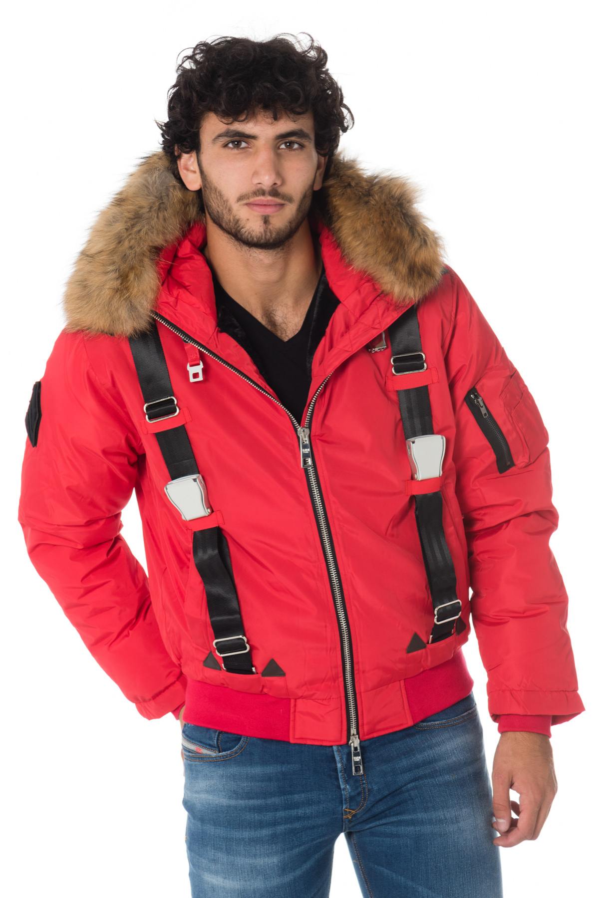 Men’s Red Hooded Bomber with Fur - Image n°3