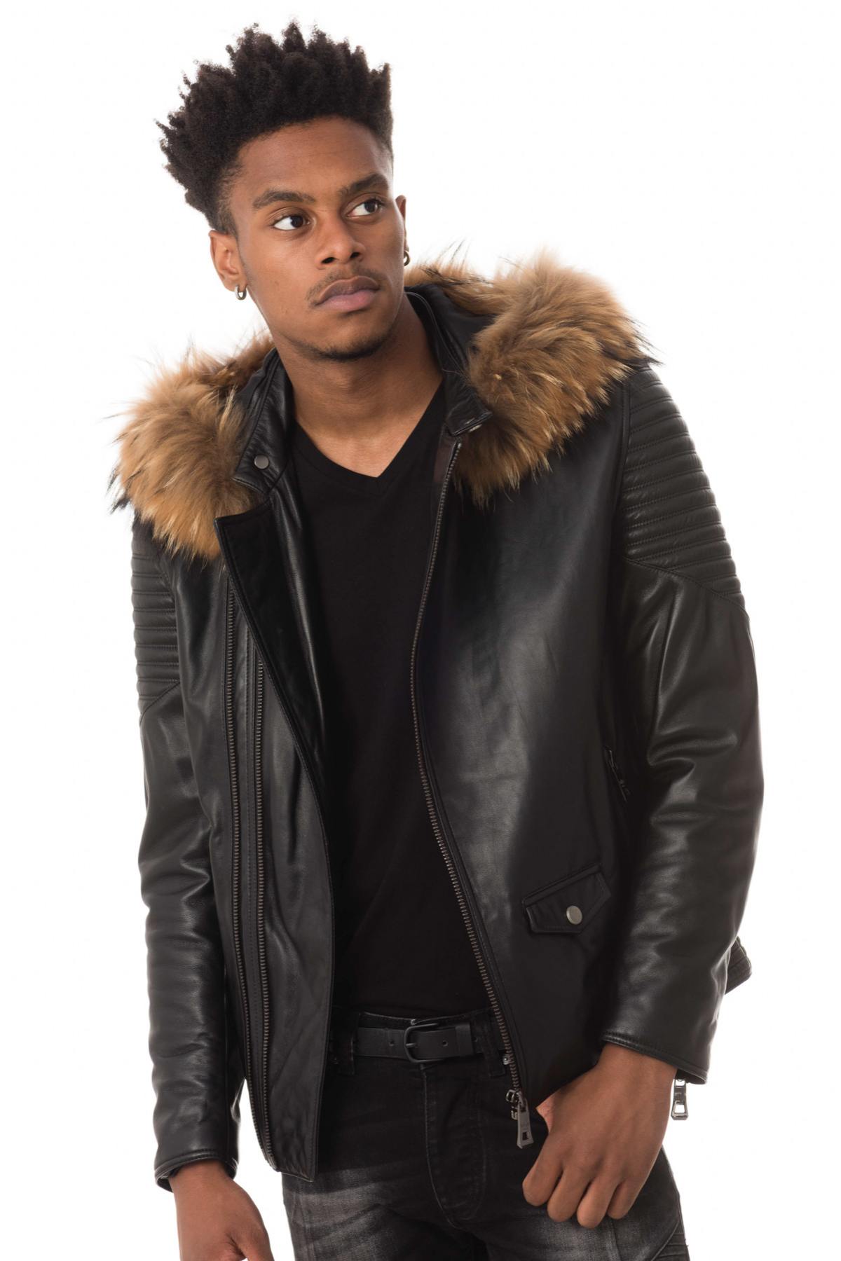 Lambskin jacket with fur hood and quilted shoulders by Giovanni. - Image n°3