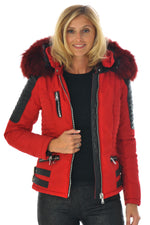 Fashionable red down jacket with real fur - Image n°3
