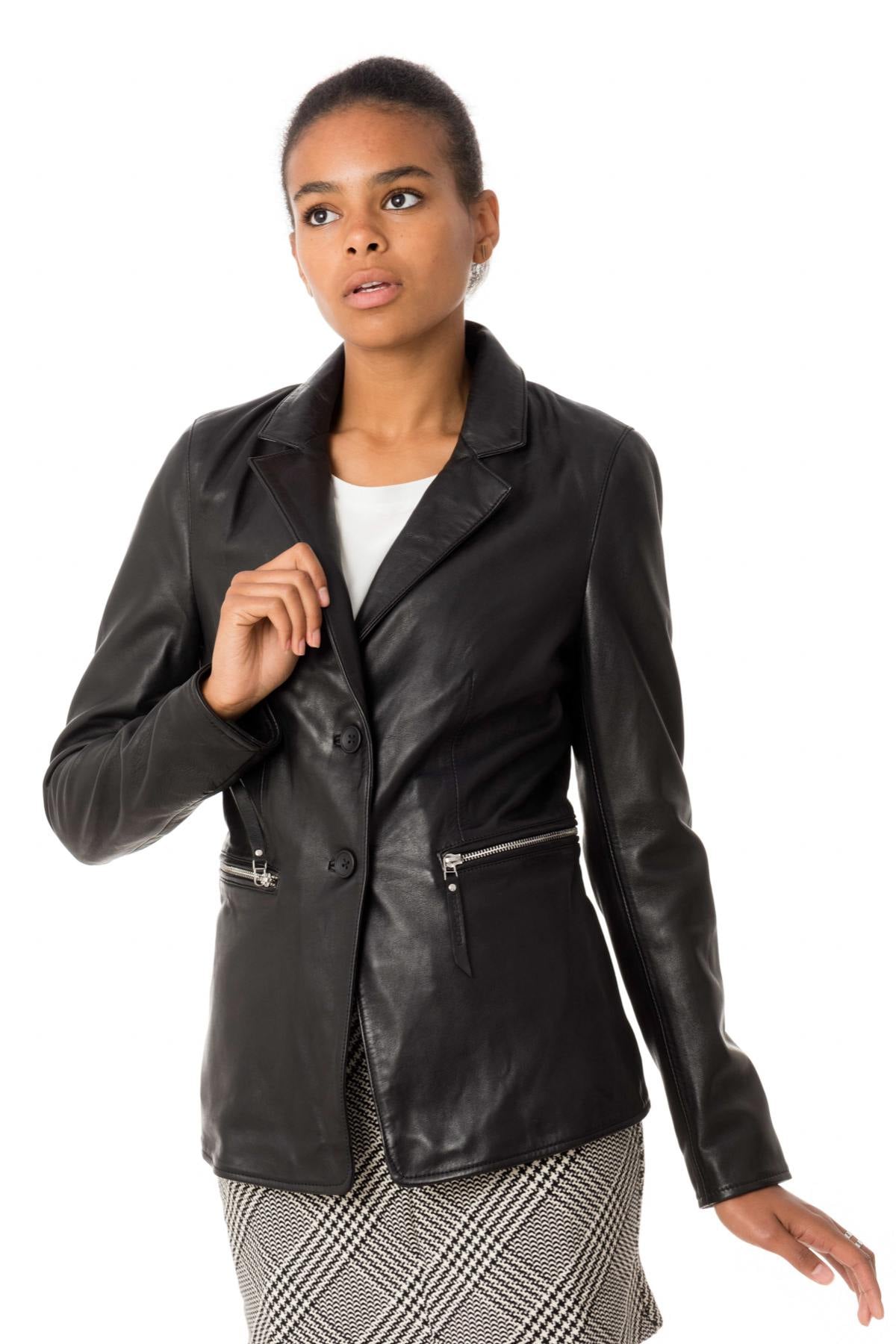 Black lambskin blazer, slim fit, zip pockets, lightweight and soft. - Image n°3