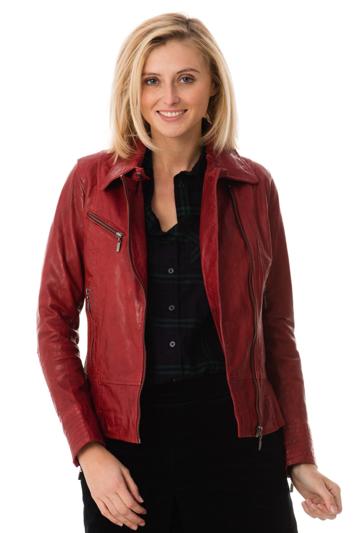 Rose Garden Women's Biker Jacket in Red Leather - Image n°5