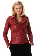 Slim sheep leather biker jacket in red chilli. Lightweight, timeless. - Image n°1