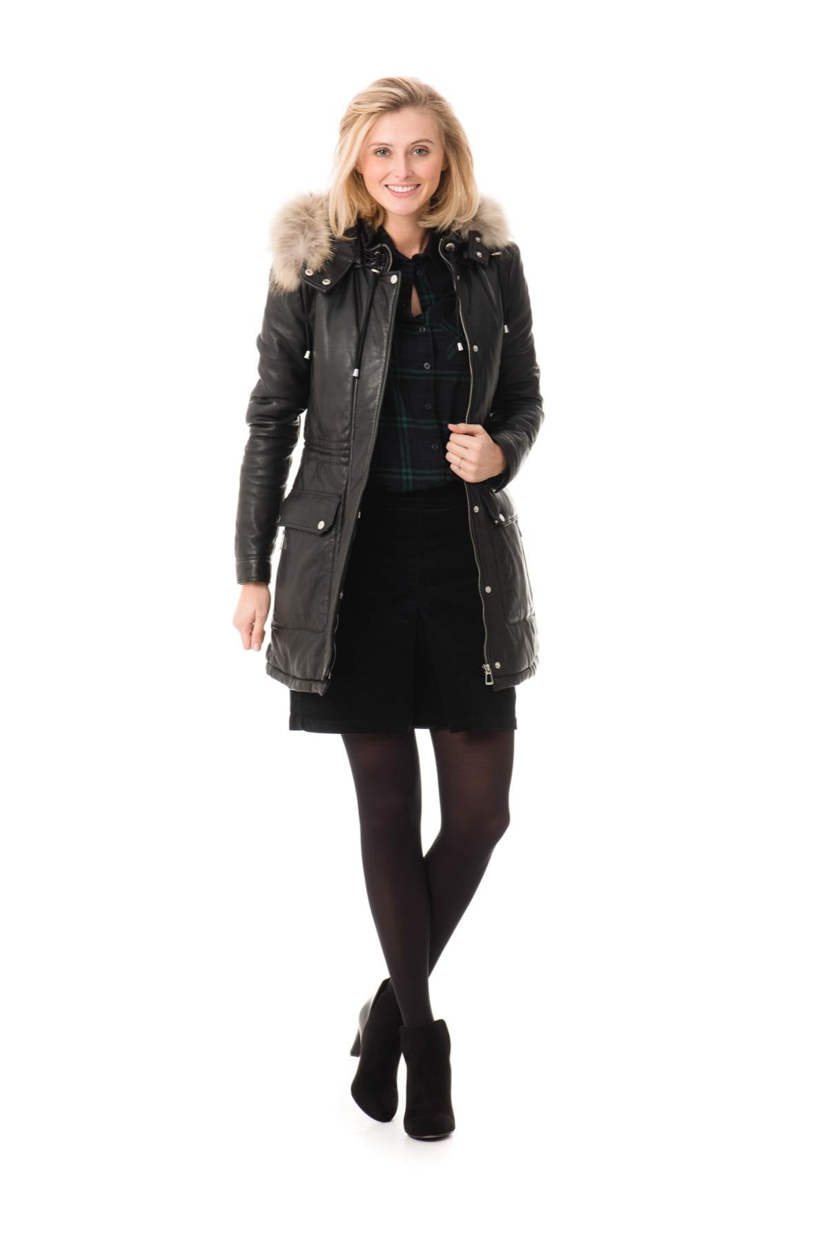 Black sheep leather anorak with fur-lined detachable hood. - Image n°2