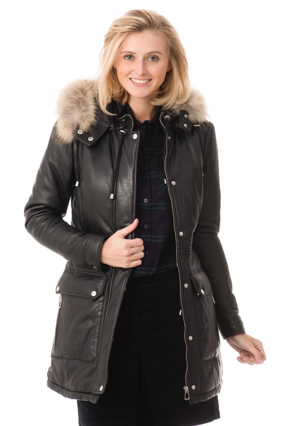 Black sheep leather anorak with fur-lined detachable hood. - Image n°3