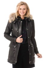 Black sheep leather anorak with fur-lined detachable hood. - Image n°3
