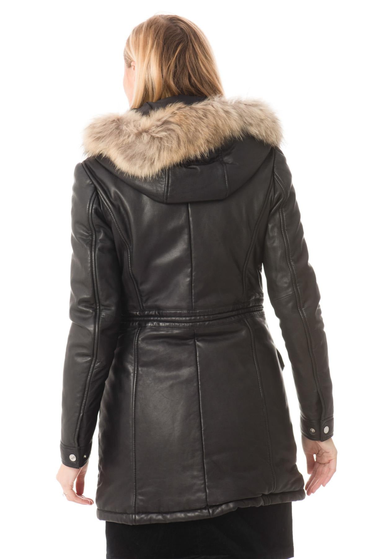 Black sheep leather anorak with fur-lined detachable hood. - Image n°4