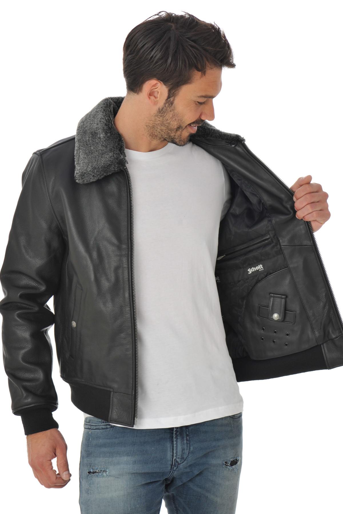 Thick cowhide aviator by Schott NYC, removable collar, ribbed details. - Image n°5