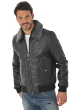 Thick cowhide aviator by Schott NYC, removable collar, ribbed details. - Image n°2