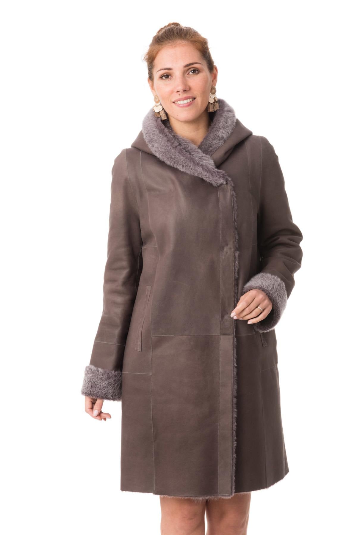Lambskin jacket in deep violet, draped hood and press stud closure. - Image n°1