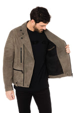 Gray velvet-look goatskin leather Biker Jacket - Image n°4
