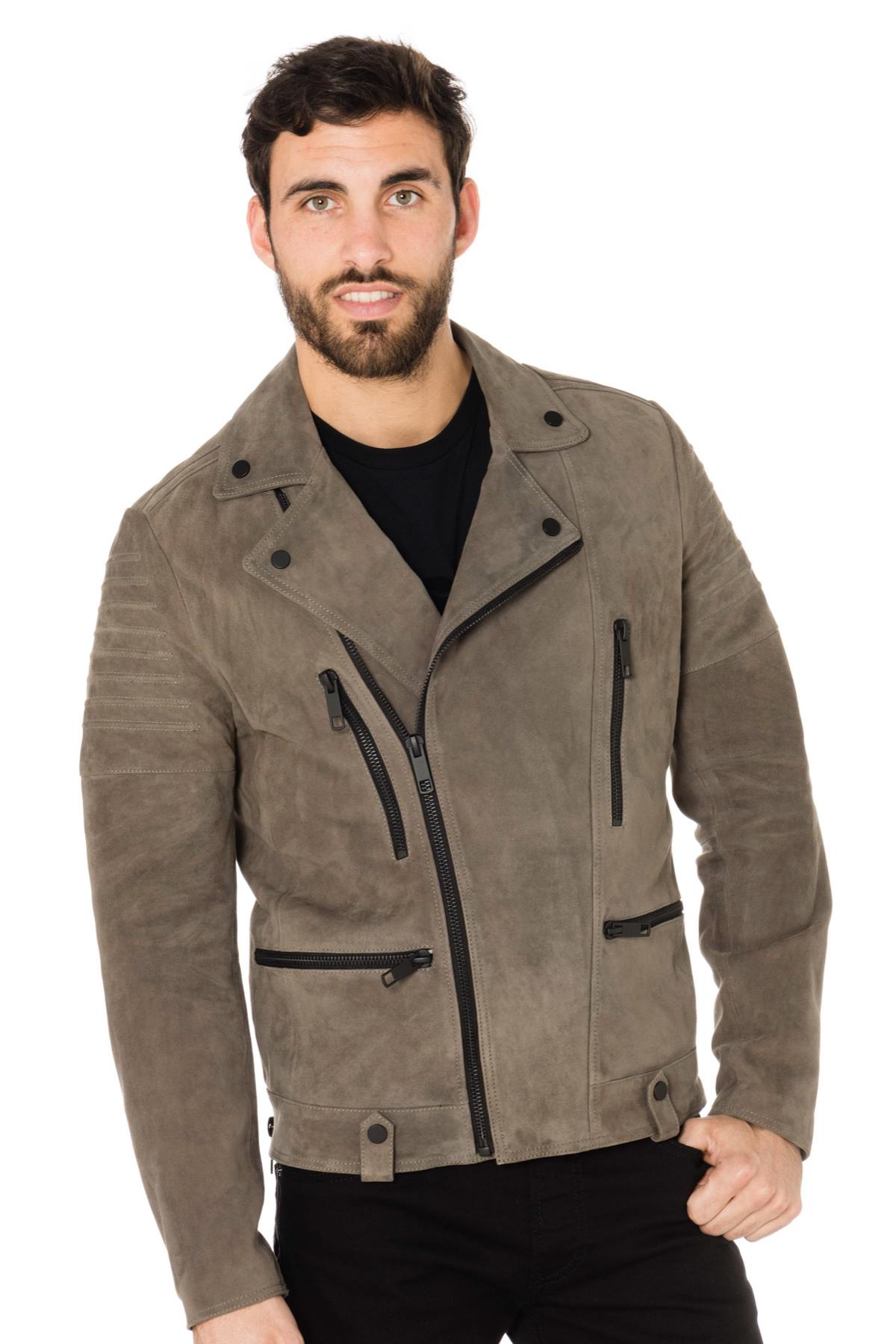 Gray velvet-look goatskin leather Biker Jacket - Image n°1