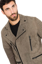Gray velvet-look goatskin leather Biker Jacket - Image n°3