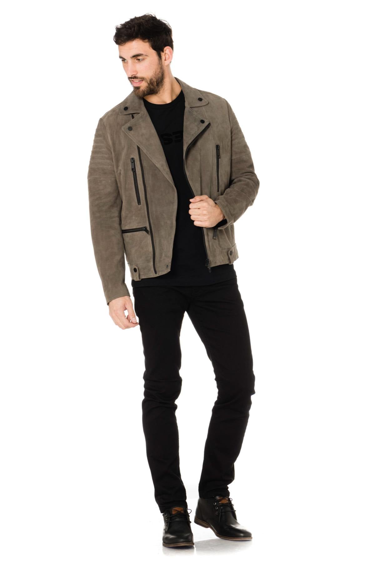 Gray velvet-look goatskin leather Biker Jacket - Image n°2
