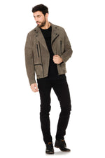 Gray velvet-look goatskin leather Biker Jacket - Image n°2