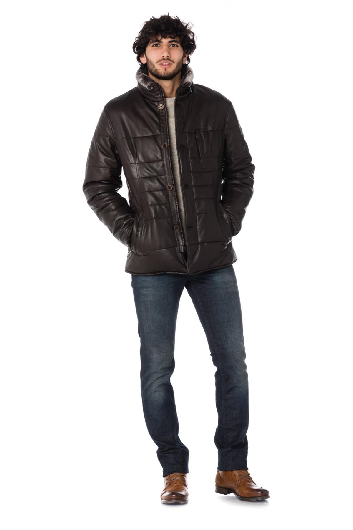 Rich brown lamb nappa jacket by Bugatti, warm with fur collar. - Image n°2