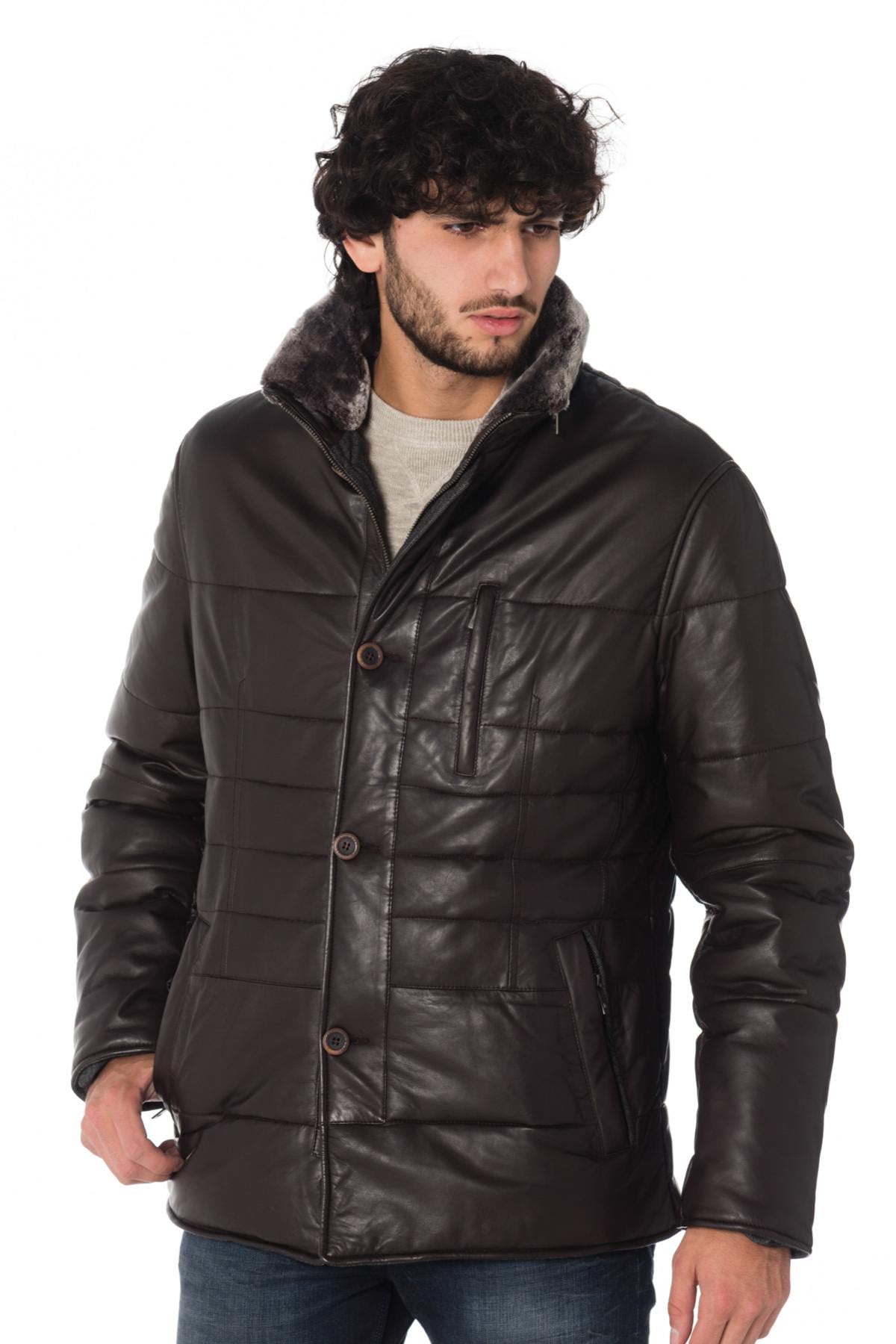 Rich brown lamb nappa jacket by Bugatti, warm with fur collar. - Image n°1