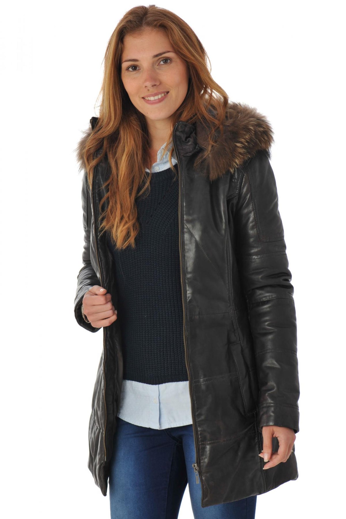 Reddish-brown lambskin coat with quilted warmth and fur-trimmed hood. - Image n°3